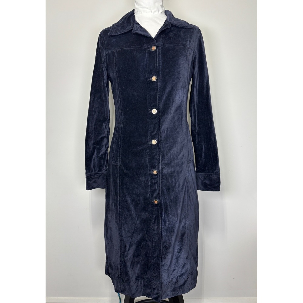 Vintage Dish Denim Division Navy Blue Cotton Velvet Longline Coat Jacket Womens